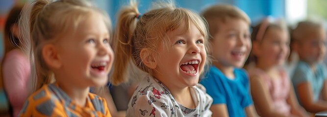 Young children yelling out the vowel sounds. Children in an elementary school sitting in a group