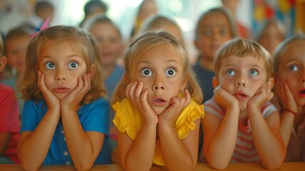 Young children yelling out the vowel sounds. Children in an elementary school sitting in a group