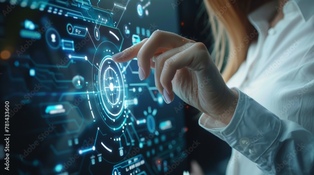 Poster woman working with digital transformation change management and internet of things user interfaces.