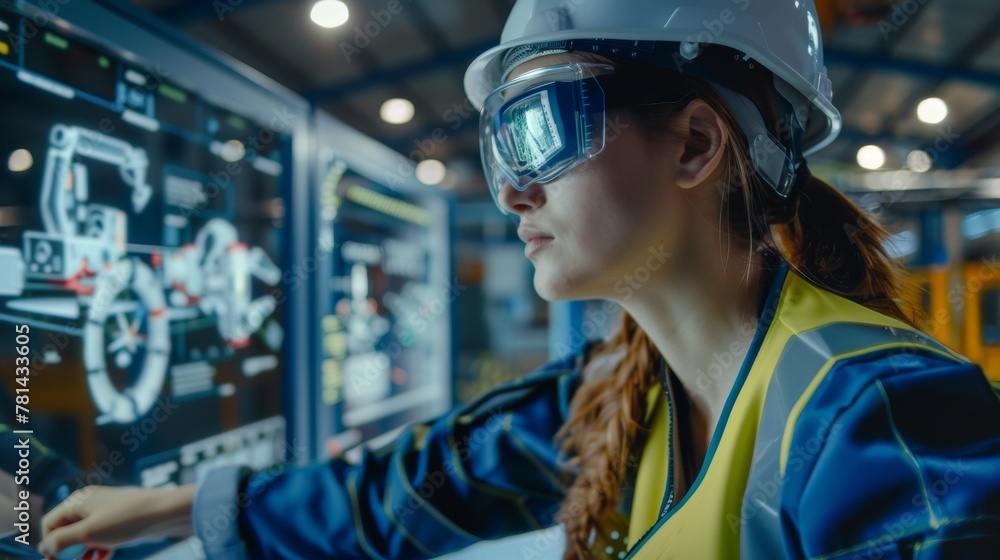 Poster FDI Engineer working in an intelligent factory on real-time monitoring software of robot arms machines. Digital future manufacture.