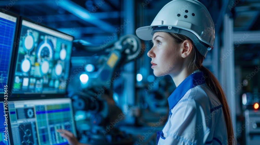 Poster An industrial engineer working in an intelligent factory with robot arms and software monitoring system.
