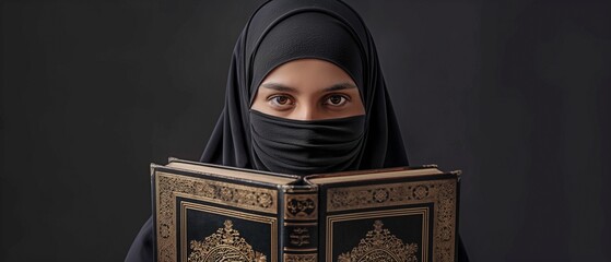 Happy Saudi Muslim woman wearing a black chador and holding a copy of the Holy Quran, isolated on white in a portrait