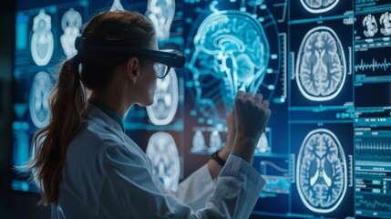 Using a digital tablet with futuristic interface and holographic digital hologram, female surgeon analyzes patient brain with human anatomy using medical technology and science.