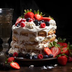 Decadent strawberry layer cake on dark background