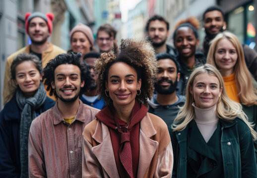 Fototapeta Photo of group people standing together, diversity and multi cultural concept, crowd with smiling faces looking at camera in city street