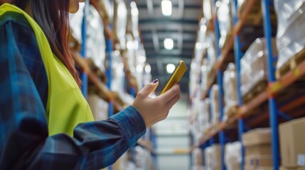 In blurry warehouse background, business workers use smartphones to track delivery and handle cargo for transportation of goods. - obrazy, fototapety, plakaty