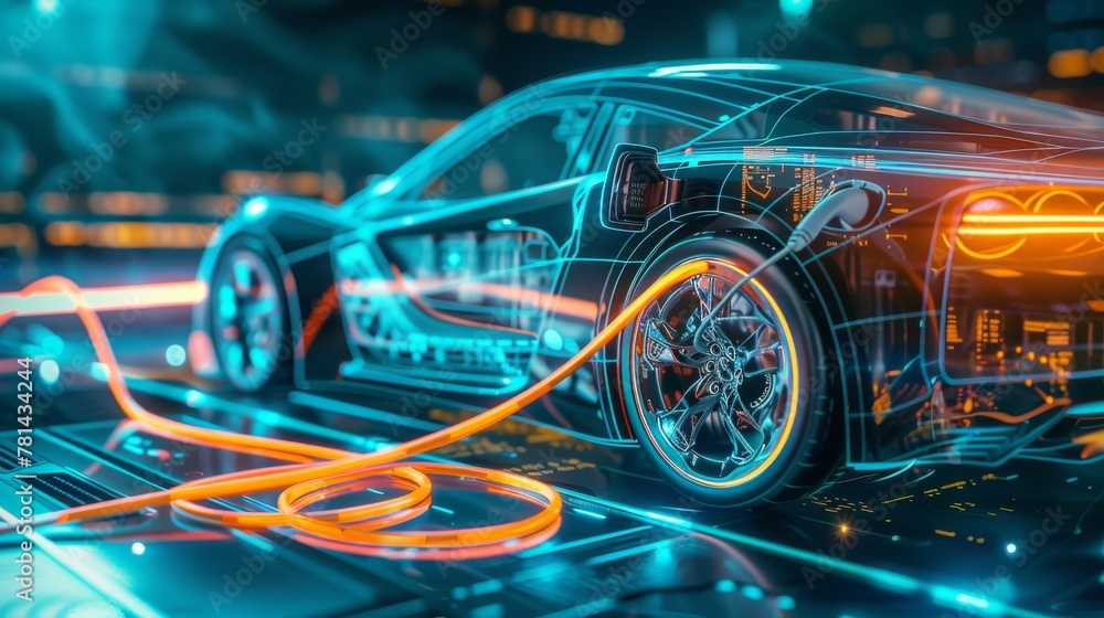 Sticker In order to charge an electric vehicle EV car, a power cable with the pump was plugged into the car and power was applied on a virtual UI that displayed data about the charging, so that an