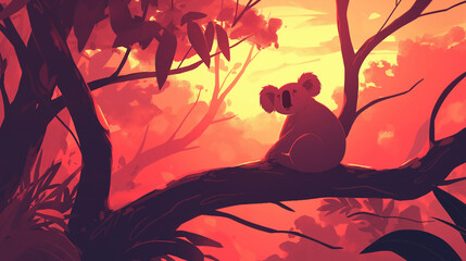 Coala em cima de uma árvore na floresta no por do sol rosa  - Ilustração