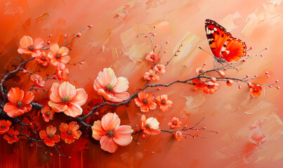 Vivid Orange Butterfly Perching on Peach Blossoms - Oil Painting Texture