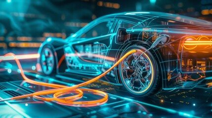 In order to charge an electric vehicle EV car, a power cable with the pump was plugged into the car and power was applied on a virtual UI that displayed data about the charging, so that an - obrazy, fototapety, plakaty