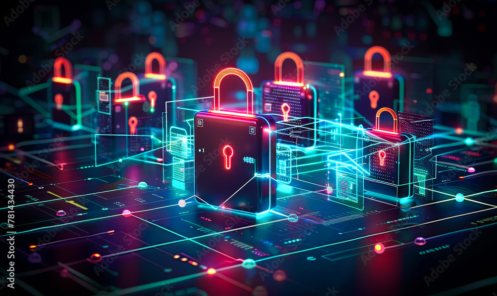 Poster neon network security concept with glowing connected padlocks and circuit board pathways, data prote