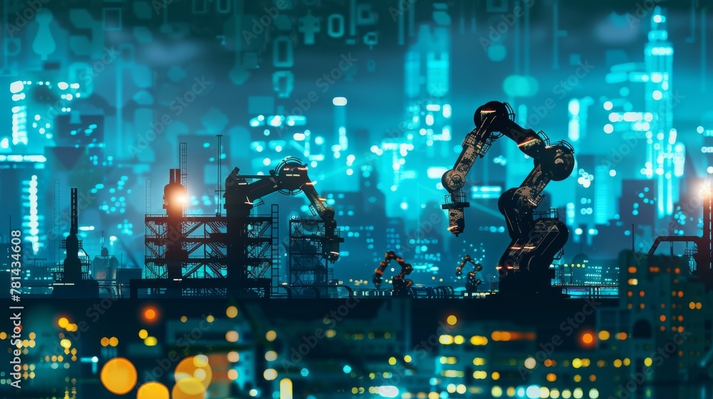 Poster a silhouette of a future automated robot arms factory in business innovation industry on a smart cit