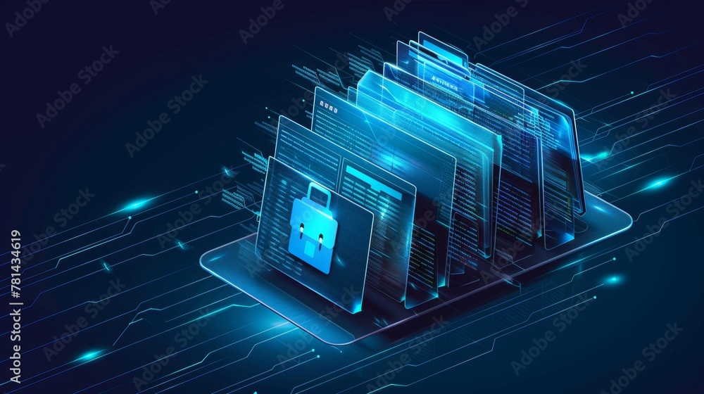 Poster A document management system concept, reaching folders, archiving company data, searching and managing documents online.