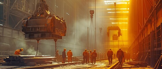 Workers in the steel industry securing steel to a crane.