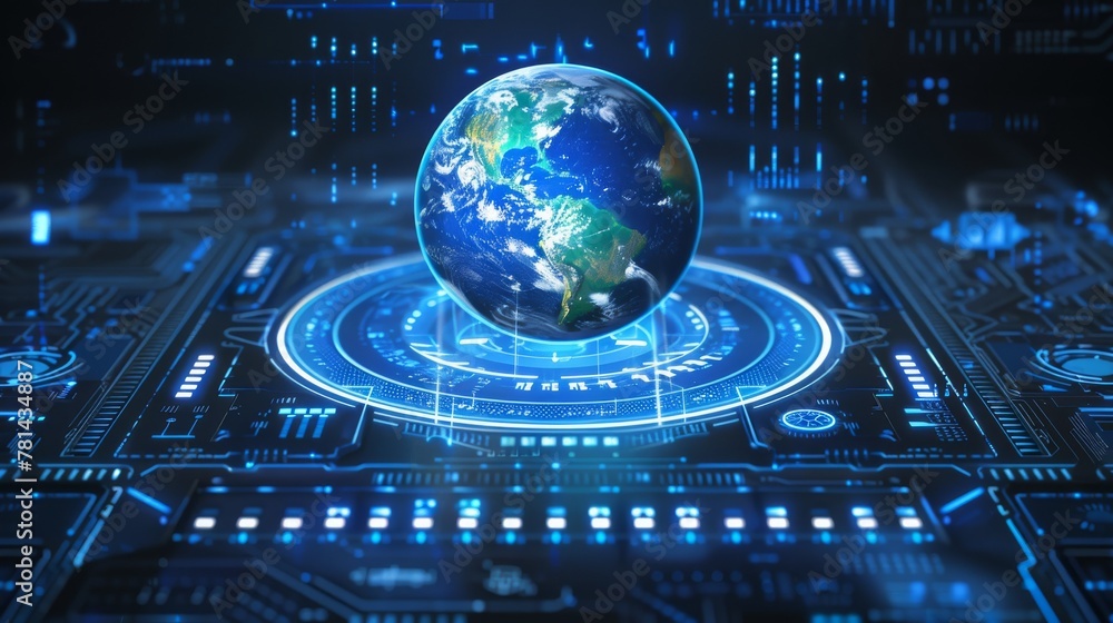 Poster Control center panel with Earth globe 3D and business graphs interface.