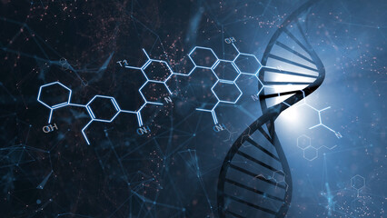 Modern shining chemical molecules illustration, abstract copy space dark blue background with DNA strand.
- 781434824