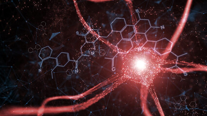 Neuron cell in the brain and abstract chemical bonds illustration background.	 - 781434832