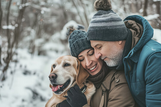 A man and a woman are embracing a dog in the snow. They are standing together in a snowy landscape, showing affection towards their pet