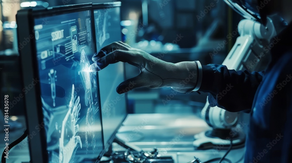 Aufkleber An engineer checks and controls welding robotics automatically arms in an intelligent factory automotive industrial with a software monitoring system.......