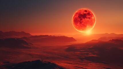 Blood Moon Rising over Red Martian Terrain