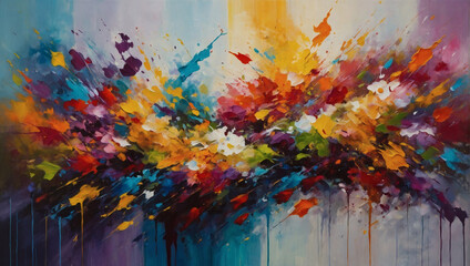 Obraz na płótnie Canvas A riot of colors splashed across the canvas in an abstract oil painting, capturing the essence of a blooming garden in full bloom.