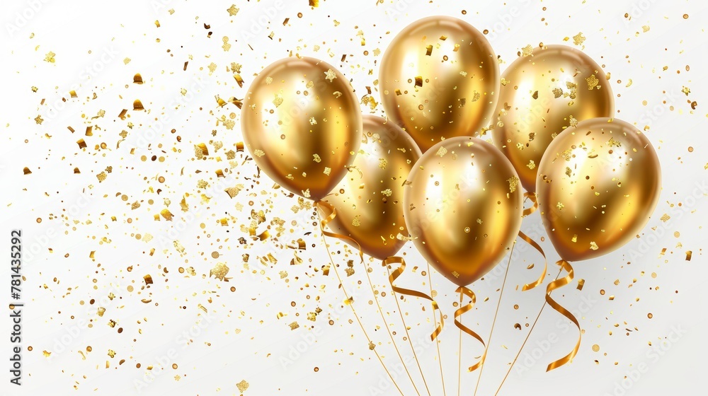 Poster an elegant gold foil balloon with confetti and a festive ribbon on a white background. graphite 3d r