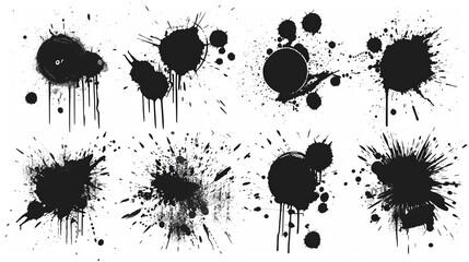 Modern elements with the characteristics of a spray paint set, isolated on a white background. Ink blots, ink stains, black lines and drips, graffiti style ink blots.