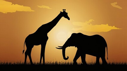 silhouettes of giraffe and elephant