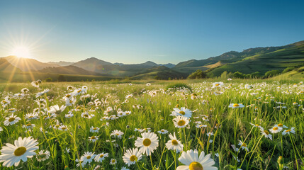 Blooming field of Daisies nestled in the grass of a Hilly Countryside against the Backdrop of a Blue Sky. 