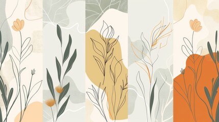 Floral and foliage modern wall art set. Abstract Plant Art design for print, cover, wallpaper, Minimal and natural wall art. Modern illustration.