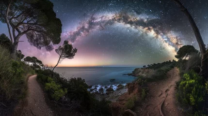 Gartenposter Milky Way Arch over a woden path in Riumar Beach AI generated © Zie