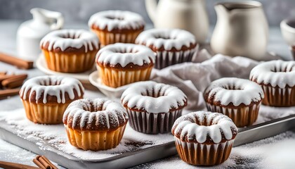 Mini bundt cakes or muffins with icing sugar isolated on white background.