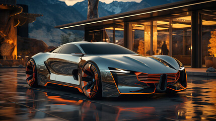 A Futuristic Luxury Sports Car Parked At Showroom During Night Time