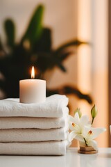 Fototapeta na wymiar neatly folded towels and burning candles on a light background, cozy atmosphere of a hotel spa or bath, a feeling of relaxation 