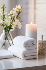 Fototapeta na wymiar clean white neatly folded towels and burning candles, cozy aroma spa concept, cosmetic background for the presentation of a product for body and face care
