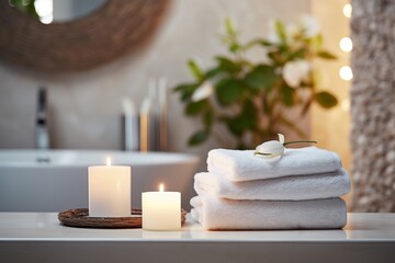 Obraz na płótnie Canvas clean white neatly folded towels and burning candles, cozy aroma spa concept, cosmetic background for the presentation of a product for body and face care