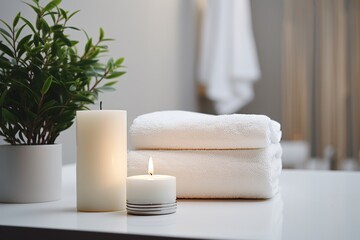 clean white neatly folded towels and burning candles, cozy aroma spa concept, cosmetic background for the presentation of a product for body and face care