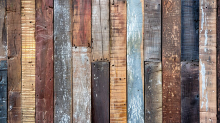 A wooden wall with many different colored boards