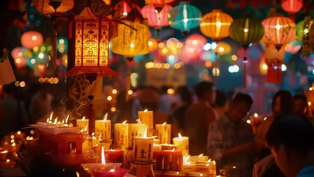 A photo of Devotees gathered at temples adorned with colorful lanterns, offering prayers and lighting incense sticks to celebrate the birth, enlightenment, and passing of Buddha