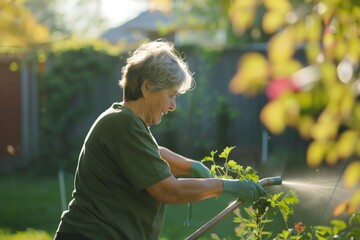 A woman is watering plants in her garden. She is smiling and she is enjoying herself. The garden is filled with various plants, including some tomatoes - Powered by Adobe