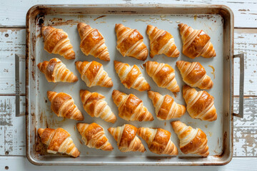 freshly baked croissants on baking pan - 781436230