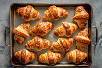 freshly baked croissants on baking pan - 781436232