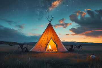 A teepee stands tall in the center of a vast field, surrounded by nature. The structure represents traditional shelter used by Indigenous peoples, with poles and canvas visible - obrazy, fototapety, plakaty