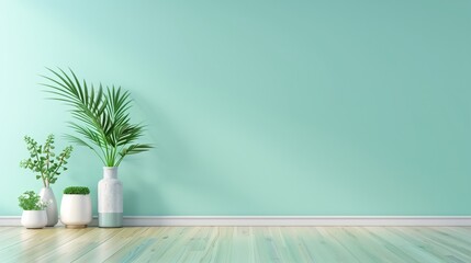 A white wall with a green background and a white vase with a plant in it. The vase is placed on a wooden floor