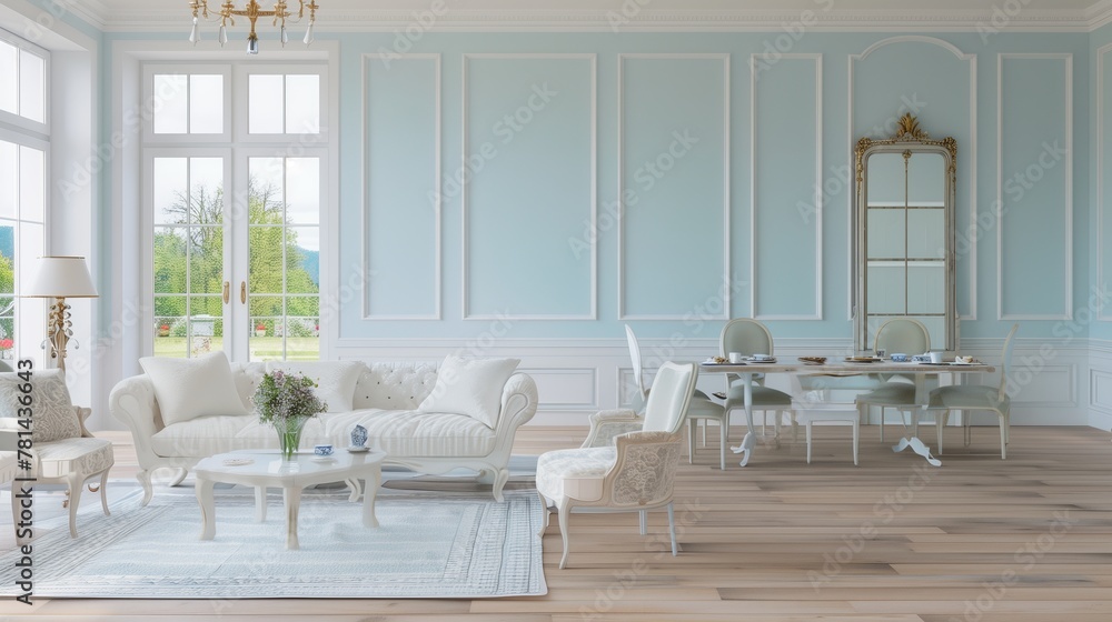 Poster a large room with white walls and furniture. the room has a modern and elegant feel. there is a larg