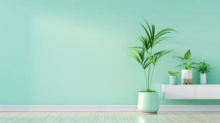 A green wall with a potted plant on it. The plant is in a green pot and is placed on a wooden shelf