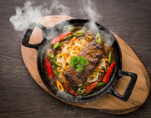 Steaming hot sizzler on wood top view