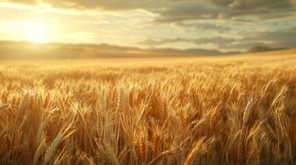 Obraz premium Field of golden crops under setting sun