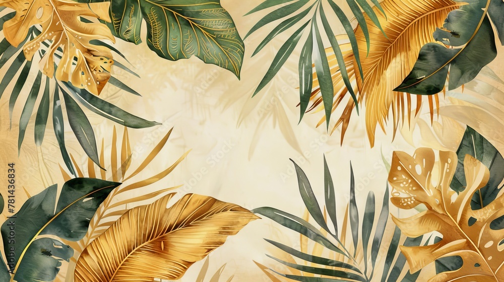 Poster the gold palm leaves and tropical palms make a beautiful background for contemporary botanical print