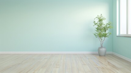 A large empty room with a white wall and a large potted plant in the corner. The room is very clean and has a minimalist feel to it